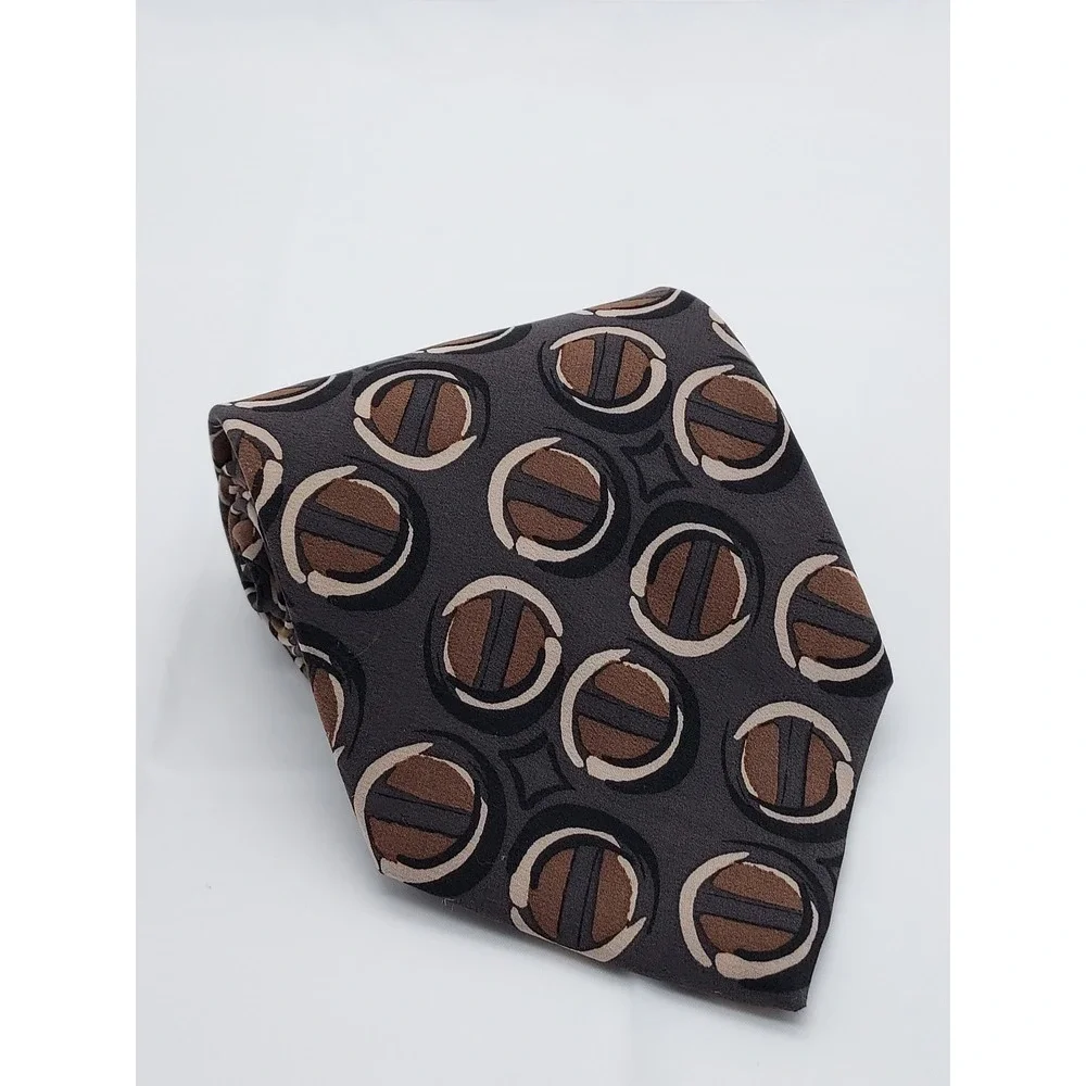Men Silk Necktie Charcoal Grey Brown Cream Geometric Circle Abstract Pattern Tie